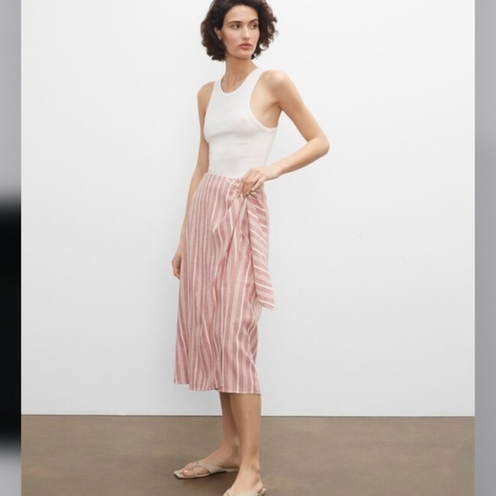 Club Monaco Midi Pencil Wrap Skirt – White Pink Stripe Linen Blend Boho Fall | S